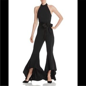 Alice + Olivia Carmel Black Halter Jumpsuit with Dramatic Flared Hem